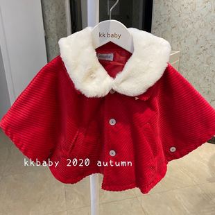 kkbaby韩版童装20年秋冬女童时尚洋气可爱毛领，红色斗篷外套