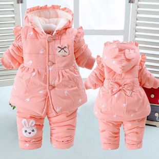 婴儿冬季加绒加厚棉衣两件套装，0-1岁2女童女宝宝衣服冬装棉袄外套