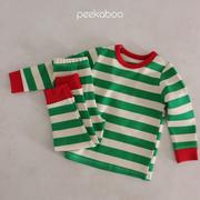 韩国进口婴幼童装圣诞氛围感红绿条纹家居服套装PEEKABOO秋衣