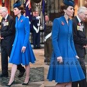 高端定制凯特王妃同款长袖，修身蓝色羊毛，立领大衣外套裙秋冬长端庄