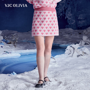 vjcolivia2023秋冬粉色针织，半身裙撞色提花减龄高腰短裙女装