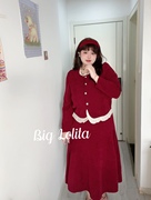 240斤可穿！大萝莉大码红色两件套裙订婚裙新年敬酒服冬胖MM显瘦