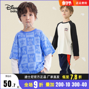 迪士尼童装男童假2件长袖t恤秋装男孩，打底衫中大童春秋女童兄妹装