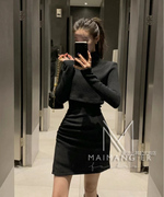 韩国女装2023冬款甜美清新立领短上衣+抽褶包臀连衣裙套装