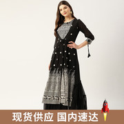 印度进口连衣裙手工刺绣，假两件乔其纱民族风，长衫女装春夏款黑色