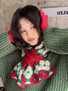 毛线针织交叉小围脖高级感 大红色围巾新年礼物 冬季女生可爱保暖