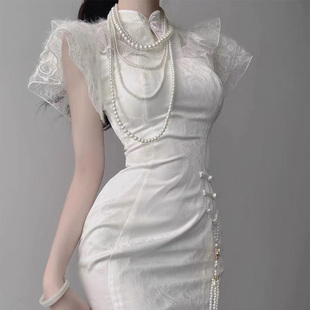 新中式气质白色小飞袖，旗袍裙子2024夏季高级感收腰包臀气质连衣裙