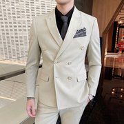 男士西服套装商务韩版修身结婚礼服双排扣外套，纯色西装三件套男潮