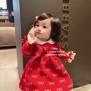 荷叶边女童旗袍红色斜襟，小童毛衣裙(毛衣裙，)宝宝针织连衣裙2023年春季