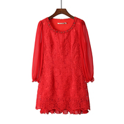 折扣好货 女装春夏款红色圆领套头蕾丝网纱拼接中长款连衣裙