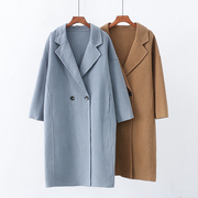 外贸时尚韩版女装羊毛大衣冬季翻领双排扣气质通勤风长款外套