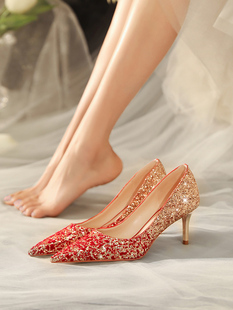 法式水晶鞋2024香槟色，结婚鞋水钻蝴蝶结，尖头高跟鞋女细跟单鞋