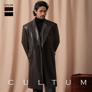 cultum戗驳领双排扣柴斯特皮大衣，男中长款休闲复古纯色外套秋冬季