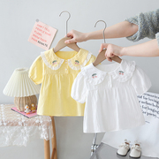童装夏季女童蕾丝翻领短袖衬衫婴儿，纯棉上衣儿童，衬衣女宝宝娃娃衫