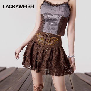 lacrawfish巴洛克复古宫廷风，蝴蝶印花pu皮拼接美拉德蕾丝短裙女