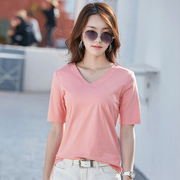 夏季女士短袖80支丝光棉T恤V领刺绣半袖衫韩版ins少女学生体恤衫