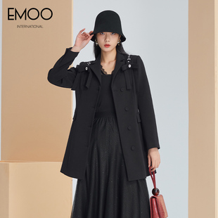 EMOO杨门秋季黑色西装外套女长袖纯色设计镶钻单排扣宽松休闲