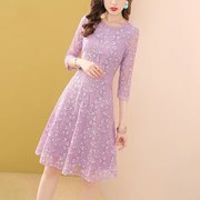 欧美时尚紫色法式名媛蕾丝连衣裙中长款春装2023女气质a字裙