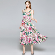 夏季欧美大牌玫瑰印花吊带长裙子，很仙的气质，女神范无袖(范无袖)连衣裙