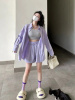 紫色长袖防晒衬衫套装女夏季薄款宽松休闲运动短裤时尚炸街两件套