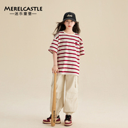 女童短袖t恤2024韩版洋气，条纹上衣儿童夏季时髦体恤12岁女孩