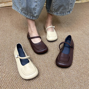 韩版低跟纯色真皮浅口方头，软底奶奶鞋，舒适休闲牛皮单鞋女