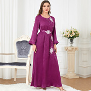 3301中东阿拉伯春装，跨境外贸女时尚，长袖钉珠圆领连衣裙
