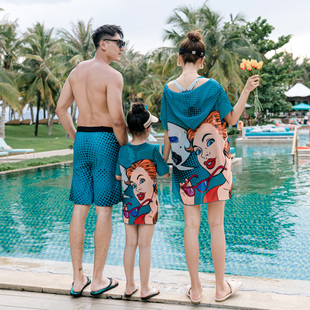 亲子泳衣母女分体平角三件套防晒儿童游泳衣一家三口亲子家庭装