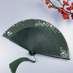 扇子夏天便携古风绿色折扇女式随身古典中国风汉服旗袍折叠小扇子