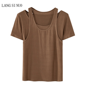 假两件短袖T恤女2023夏季韩版设计感小心机修身性感露肩上衣