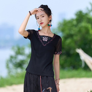 中国风女装2024夏季民族，风时尚复古蕾丝，拼接绣花短袖t恤上衣