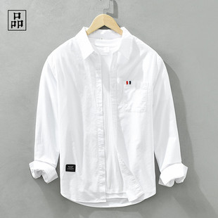 一款简单舒适的衬衫！秋季白色复古纯棉纯色百搭休闲长袖衬衫男