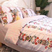 美式田园花约花卉活性件简床单床笠式，床上用品四印套x全棉纯棉被