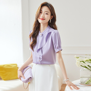 雪纺衬衫女夏短袖2023设计感荷叶，边立领上衣时尚洋气紫色衬衣