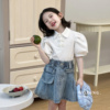 波拉韩国童装2024夏季女童白色中式上衣泡泡袖公主风牛仔半裙套装