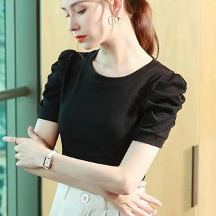 欧美风纯棉圆领短袖t恤女夏法式(夏法式)公主泡泡袖纯色瘦身黑色上衣