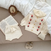 韩版婴儿秋冬装女宝宝针织毛衣开衫短裤套装手工绣花两件套