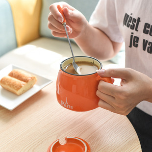 陶瓷杯带盖带勺 创意牛奶杯 日韩式 早餐杯