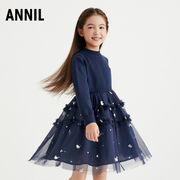 安奈儿童装女童长袖连衣裙冬季大童针织拼接甜美可爱网纱裙
