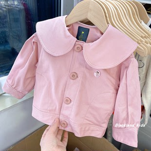 春秋韩版童装女童粉色，大领开衫外套，风衣宝宝儿童海军风夹克衫