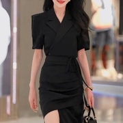 夏季法式御姐气质黑色短袖，上衣性感开叉，半身裙高端ol职业套装