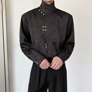 山本耀司纯黑色高领衬衫，男不规则暗纹提花刺绣，外套新中式中山唐装