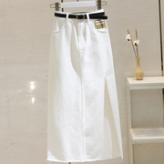 白色开叉牛仔半身裙，女中长款2023夏季高腰宽松显瘦a字包臀裙