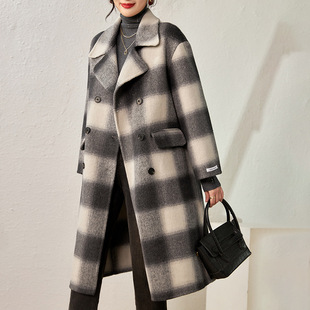 23秋冬-英伦经典时髦格子，双面呢羊毛，大衣直筒宽松中长外套