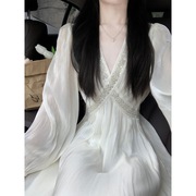 春季仙气长裙法式高级感气质高端精致清纯白色长袖连衣裙子女