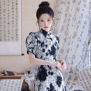 新中式国潮改良旗袍，女短款2023高级感复古修身水墨连衣裙夏季