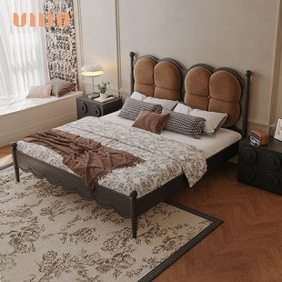 ULLLO法式实木床软包简约白蜡木黑色复古双人床1.8米主卧创意大床