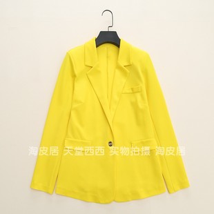 40330美国单~有大码柠檬黄垫肩，一粒扣开叉西装，西服外套上衣女0.42