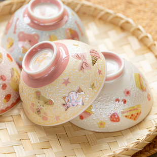 日本进口美浓烧可爱亮晶晶小熊樱桃猫咪陶瓷小碗日式米饭碗汤碗
