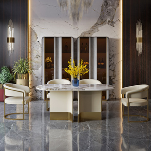 轻奢餐桌椅组合不锈钢定制时尚后现代高档大理石岩板奢石方形餐台